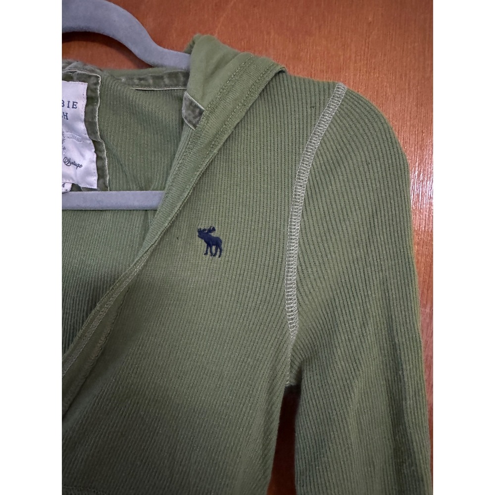 Abercrombie & Fitch Green Ribbed V-Neck Hoodie 3/4 Sleeve Y2K Vintage Medium - Picture 7 of 7